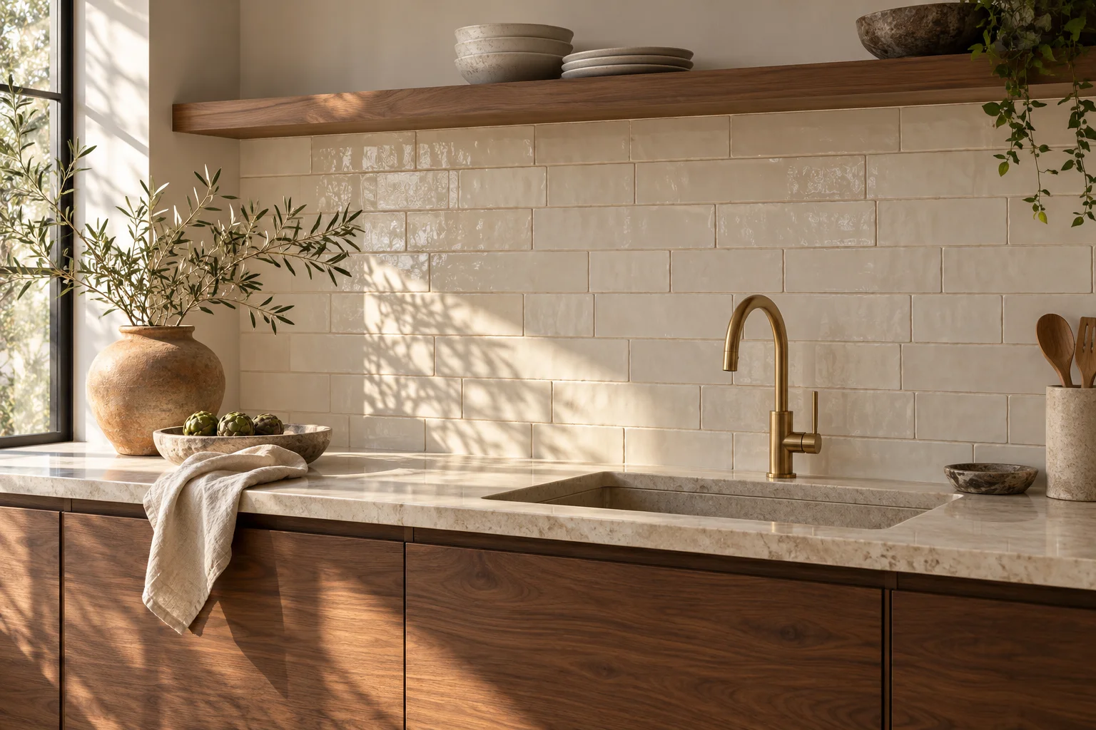 Interior inspiration: a ceramic tile kitchen backsplash with walnut cabinetry